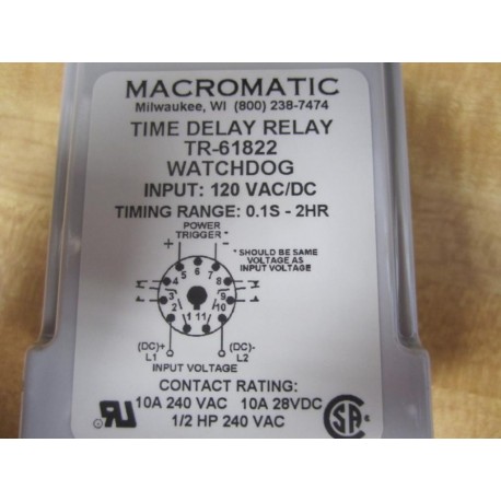 Macromatic TR-61822 Relay TR61822 Timing Range: 0.1S - 2HR - New No Box