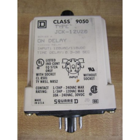Square D 9050-JCK12V20 Time Delay Relay 9050JCK12V20 - Used