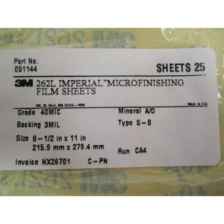 3M 051144 262L Microfinishing Film 25 Sheets Grade 40MIC