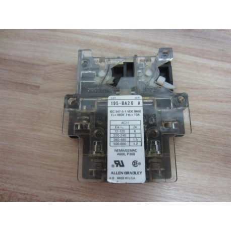 Allen Bradley 195-BA20 Auxiliary Contact 195BA20 - Used