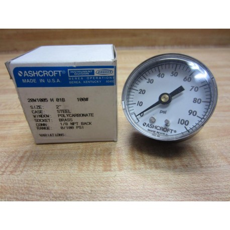 Ashcroft 20W1005 H 01B 100 Pressure Gauge 100PSI 18" NPT Back 20W1005H01B100