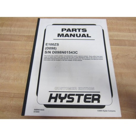 Hyster E100ZS Parts Manual (D098) 2005 Customer Edition Hy-E100ZS - New No Box