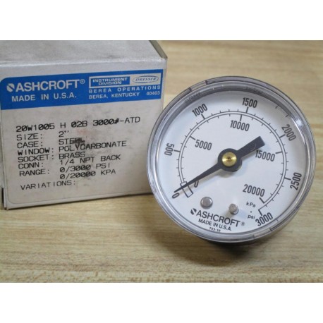 Ashcroft 20W1005 H 02B 3000-ATD 20W1005H02B3000 Pressure Gauge