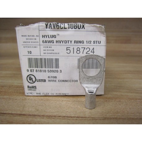 Burndy YAV6CL10BOX Ring Lug AN6M12 518724 (Pack of 10)