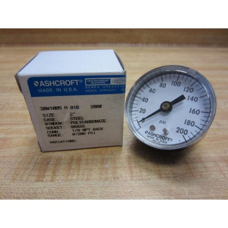 Ashcroft 20W1005 H 01B 200 Pressure Gauge 200PSI 18" NPT Back 20W1005H01B200