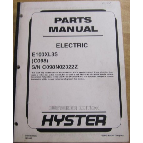 Hyster E100XL3S (C098) Electric Parts Manual Hy-E100XL3S - Used